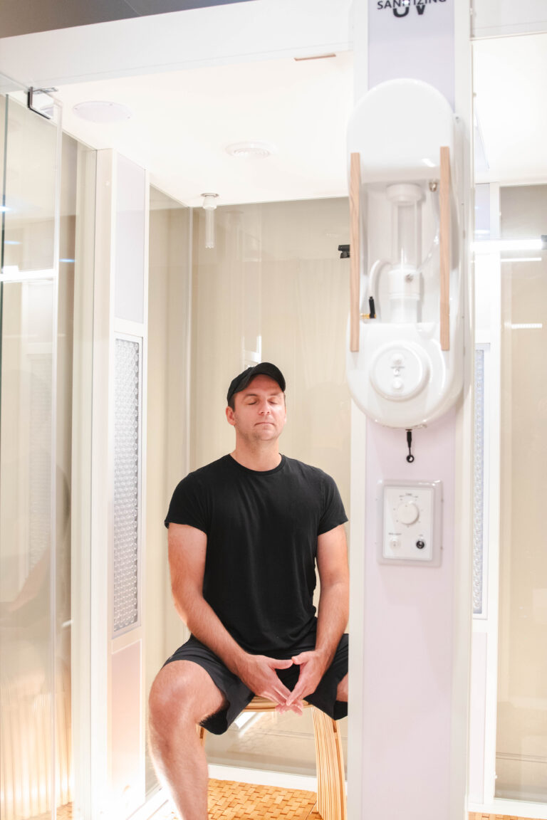 Man in black undergoing halotherapy